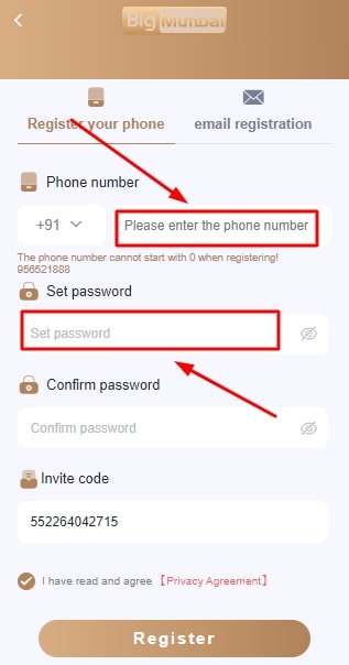 enter your mobile phone number and password