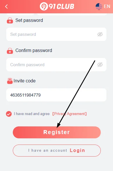 Accept terms and conditions and click register